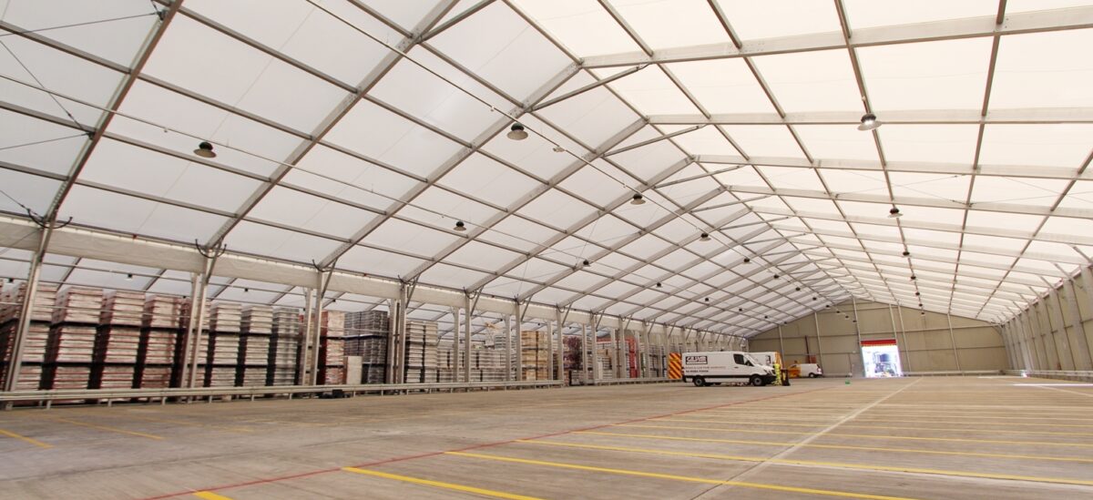 Inside of a temporary industrial building installed by Spaciotempo