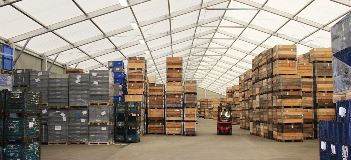 Racking inside a Spaciotempo temporary structure for storage