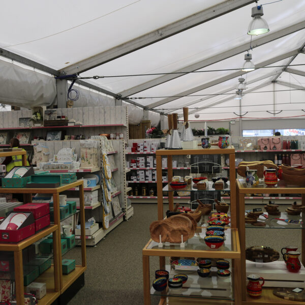 The spacious interior of the temporary Haskins Garden Centre, fully stocked for customers.