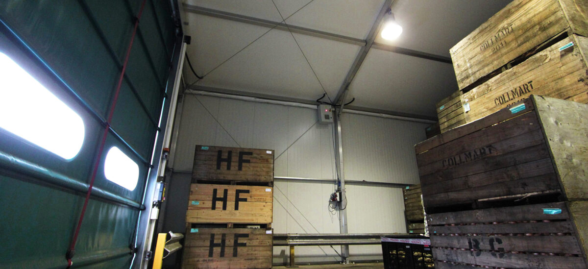 Inside a storage temporary warehouse with fresh food crates and a rolling door