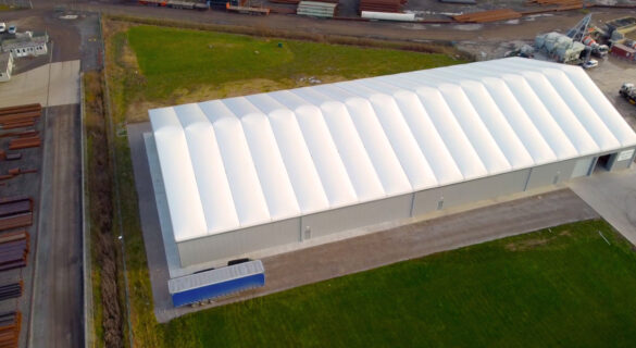 Drone shot of semi permanent storage warehouse for IPN